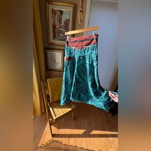 Boho Harem Pants Green Black Tribal Print Smocked Waist Baggy Festival Lounge M